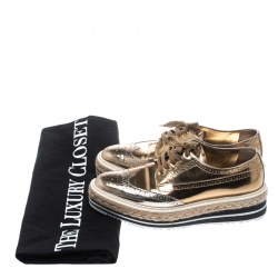 Prada Metallic Gold Brogue Leather Wave Wingtip Espadrille Platform Derby Sneakers Size 38