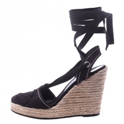 Pre Owned Prada Navy Blue Canvas Espadrilles Wedge Sandals Size 37