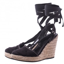 Pre Owned Prada Navy Blue Canvas Espadrilles Wedge Sandals Size 37