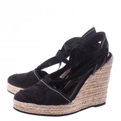 Pre Owned Prada Navy Blue Canvas Espadrilles Wedge Sandals Size 37