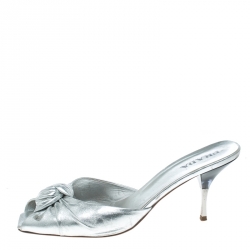 Prada Metallic Silver Leather Square Peep Toe Slide Sandals Size 40.5