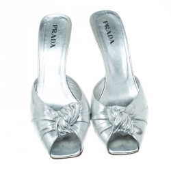 Prada Metallic Silver Leather Square Peep Toe Slide Sandals Size 40.5