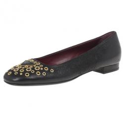 Pre Owned Prada Black Leather Gold Eyelet Ballet Flats Size 37