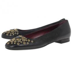 Pre Owned Prada Black Leather Gold Eyelet Ballet Flats Size 37