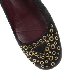Pre Owned Prada Black Leather Gold Eyelet Ballet Flats Size 37