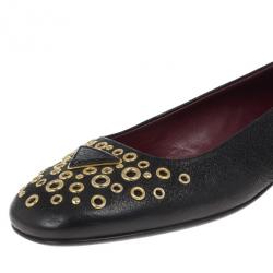 Pre Owned Prada Black Leather Gold Eyelet Ballet Flats Size 37
