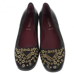 Pre Owned Prada Black Leather Gold Eyelet Ballet Flats Size 37