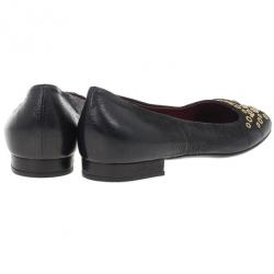 Pre Owned Prada Black Leather Gold Eyelet Ballet Flats Size 37