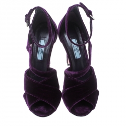 Pre Owned Prada Purple Velvet Criss Cross Ankle Strap Sandals Size 36