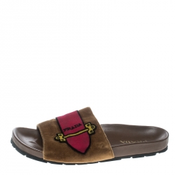 Prada Brown And Pink Velvet Flat Slides Size 39