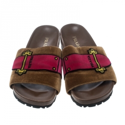 Prada Brown And Pink Velvet Flat Slides Size 39