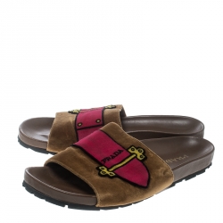 Prada Brown And Pink Velvet Flat Slides Size 39
