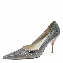Pre Owned Prada Grey Perforated Leather Pointed Toe Pumps Size 37