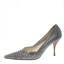 Pre Owned Prada Grey Perforated Leather Pointed Toe Pumps Size 37
