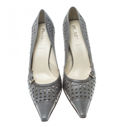 Pre Owned Prada Grey Perforated Leather Pointed Toe Pumps Size 37