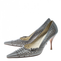 Pre Owned Prada Grey Perforated Leather Pointed Toe Pumps Size 37