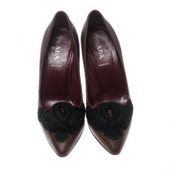 Pre Owned Prada Brown Leather Embroidered Pumps Size 36.5