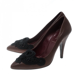 Pre Owned Prada Brown Leather Embroidered Pumps Size 36.5
