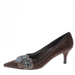 Pre Owned Prada Brown Leather Whipstitch Detail Crystal Embellished Pointed Toe Pumps Size 36.5