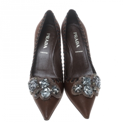 Pre Owned Prada Brown Leather Whipstitch Detail Crystal Embellished Pointed Toe Pumps Size 36.5