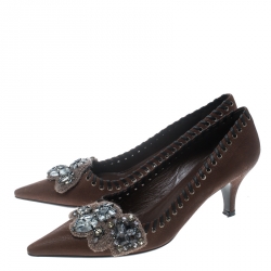 Pre Owned Prada Brown Leather Whipstitch Detail Crystal Embellished Pointed Toe Pumps Size 36.5