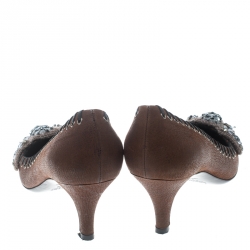 Pre Owned Prada Brown Leather Whipstitch Detail Crystal Embellished Pointed Toe Pumps Size 36.5