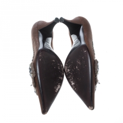 Pre Owned Prada Brown Leather Whipstitch Detail Crystal Embellished Pointed Toe Pumps Size 36.5