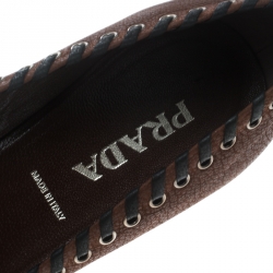 Pre Owned Prada Brown Leather Whipstitch Detail Crystal Embellished Pointed Toe Pumps Size 36.5