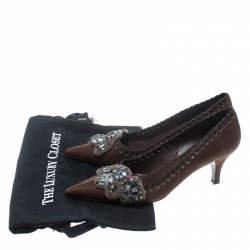 Pre Owned Prada Brown Leather Whipstitch Detail Crystal Embellished Pointed Toe Pumps Size 36.5