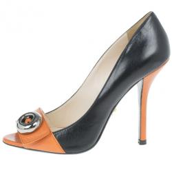 Pre Owned Prada Orange Two-Tone Leather Peep Toe Button Pumps Size 38