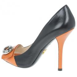 Pre Owned Prada Orange Two-Tone Leather Peep Toe Button Pumps Size 38