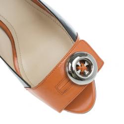 Pre Owned Prada Orange Two-Tone Leather Peep Toe Button Pumps Size 38