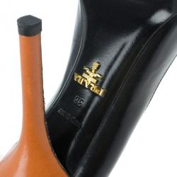 Pre Owned Prada Orange Two-Tone Leather Peep Toe Button Pumps Size 38