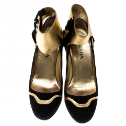Pre Owned Prada Black Suede And Metallic Gold Leather Fairy Collection Ankle Cuff Pumps Size 36
