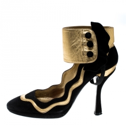 Pre Owned Prada Black Suede And Metallic Gold Leather Fairy Collection Ankle Cuff Pumps Size 36