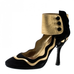 Pre Owned Prada Black Suede And Metallic Gold Leather Fairy Collection Ankle Cuff Pumps Size 36