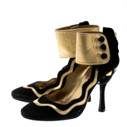 Pre Owned Prada Black Suede And Metallic Gold Leather Fairy Collection Ankle Cuff Pumps Size 36