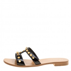 Prada Black Patent Leather Studded Flat Slides Size 40