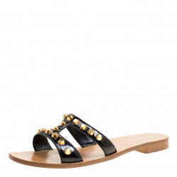 Prada Black Patent Leather Studded Flat Slides Size 40