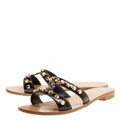 Prada Black Patent Leather Studded Flat Slides Size 40