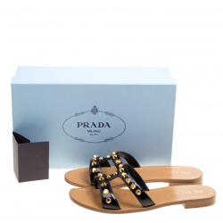 Prada Black Patent Leather Studded Flat Slides Size 40