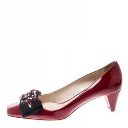 Pre Owned Prada Red Patent Leather Crystal Embellished Bow Detail Square Toe Pumps Size 39