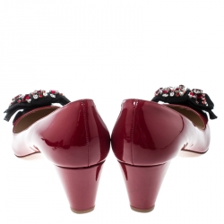 Pre Owned Prada Red Patent Leather Crystal Embellished Bow Detail Square Toe Pumps Size 39