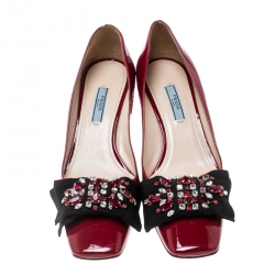 Pre Owned Prada Red Patent Leather Crystal Embellished Bow Detail Square Toe Pumps Size 39