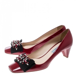 Pre Owned Prada Red Patent Leather Crystal Embellished Bow Detail Square Toe Pumps Size 39