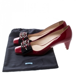 Pre Owned Prada Red Patent Leather Crystal Embellished Bow Detail Square Toe Pumps Size 39
