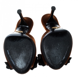 Pre Owned Prada Brown Velvet And Black Satin Bow Embellished Peep Toe Mules Size 38