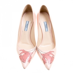 Pre Owned Prada Blush Pink Leather Flower Print Detail Pointed Toe Pumps Size 39