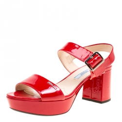 Prada Red Patent Leather Ankle Strap Block Heel Sandals Size 35