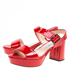 Prada Red Patent Leather Ankle Strap Block Heel Sandals Size 35
